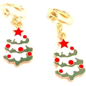 1.5" Christmas Holiday Gold Christmas Tree Dangle Clip-on Earrings